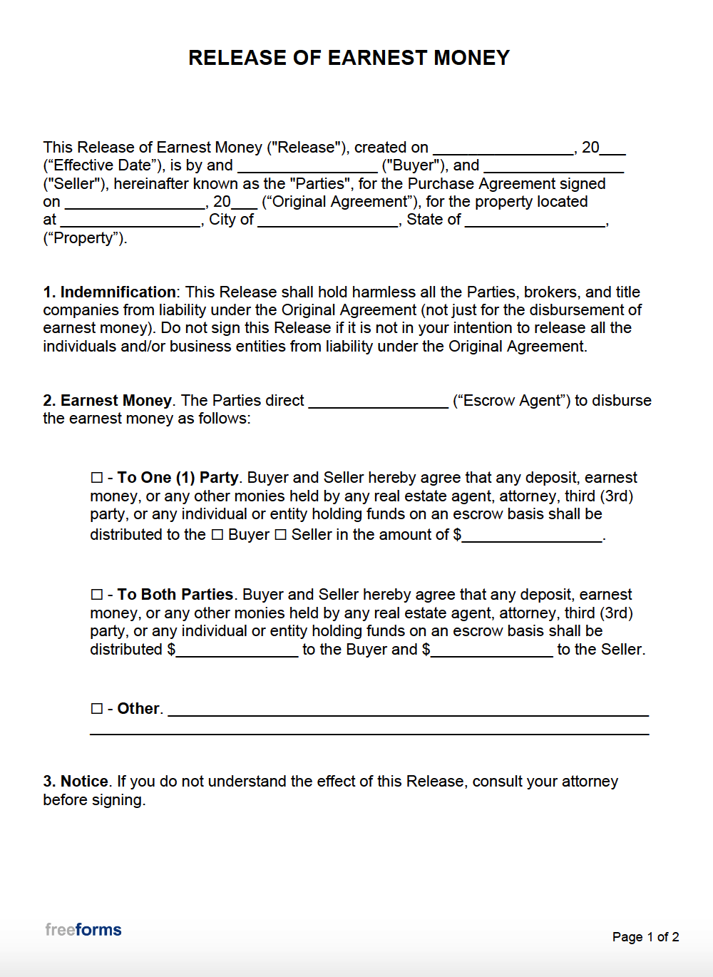 Earnest Money Release Form Texas