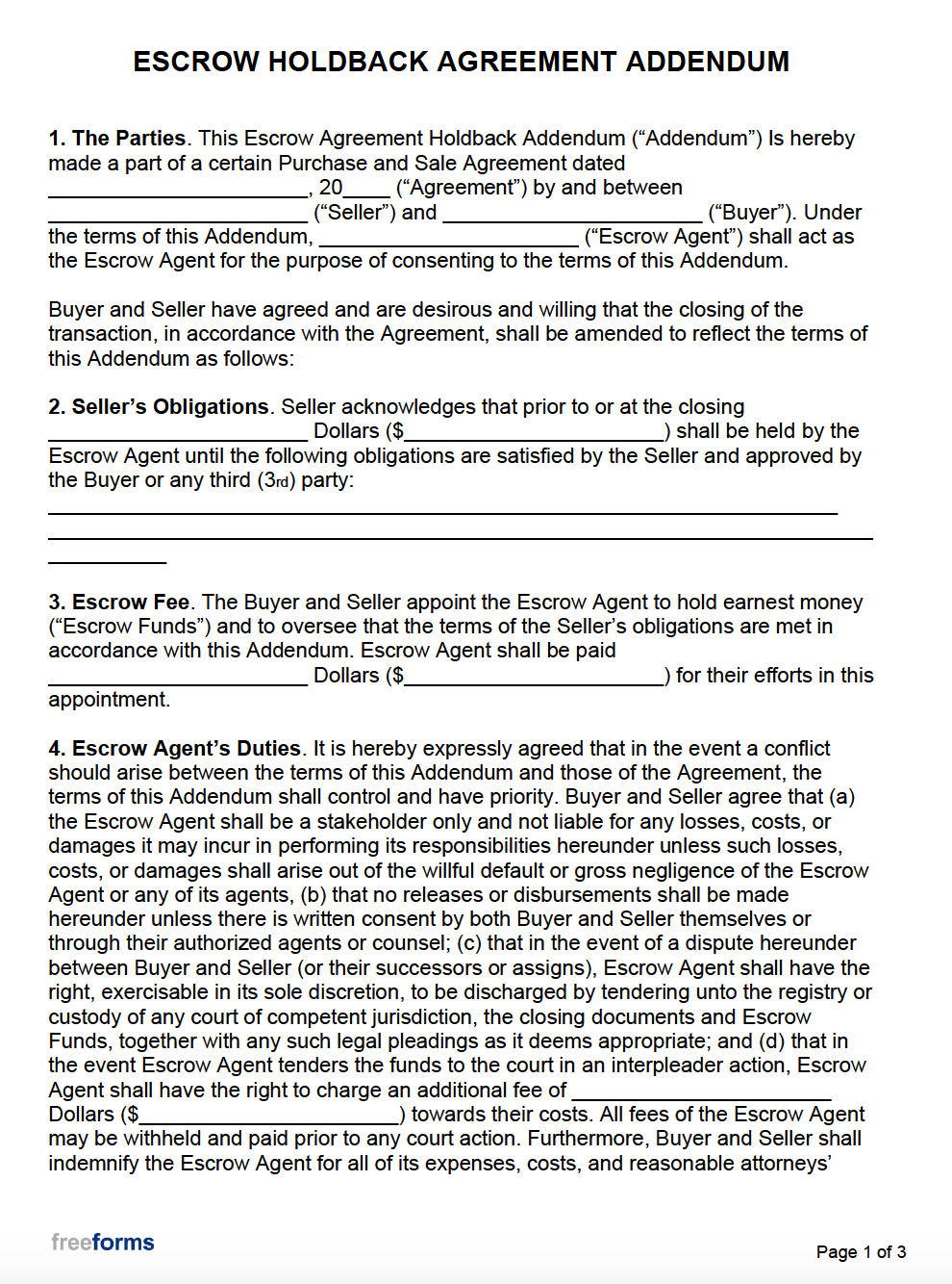 Free Escrow Holdback Agreement Addendum  PDF  WORD