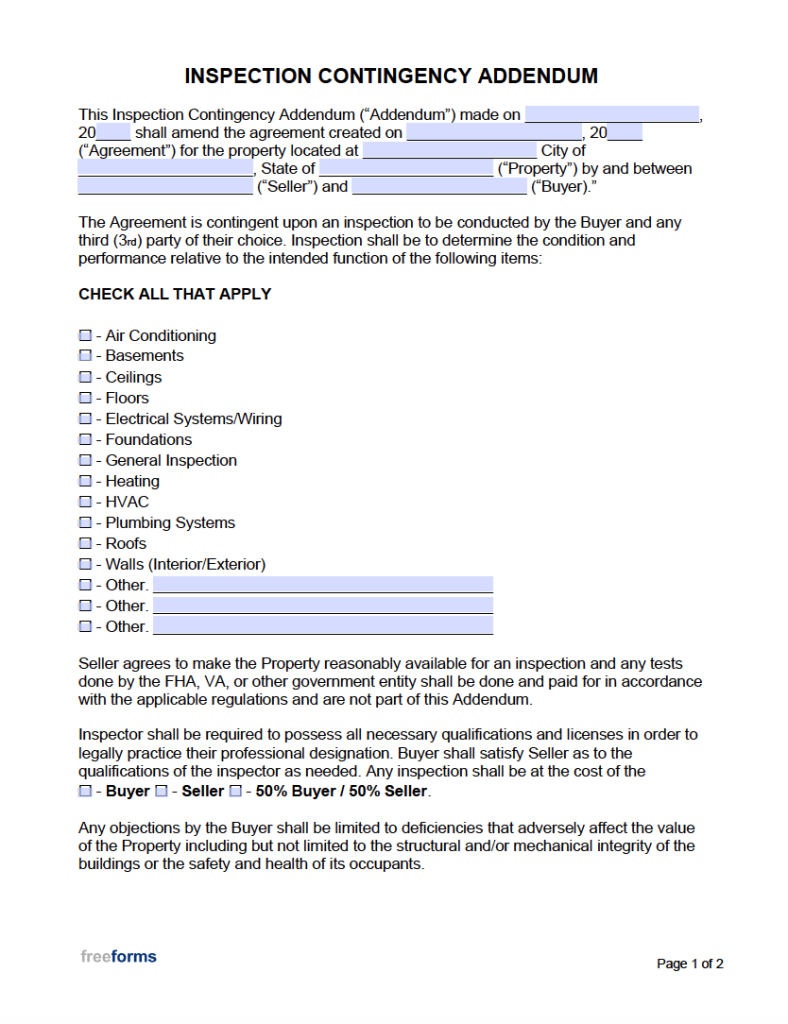 Free Inspection Contingency Addendum PDF WORD