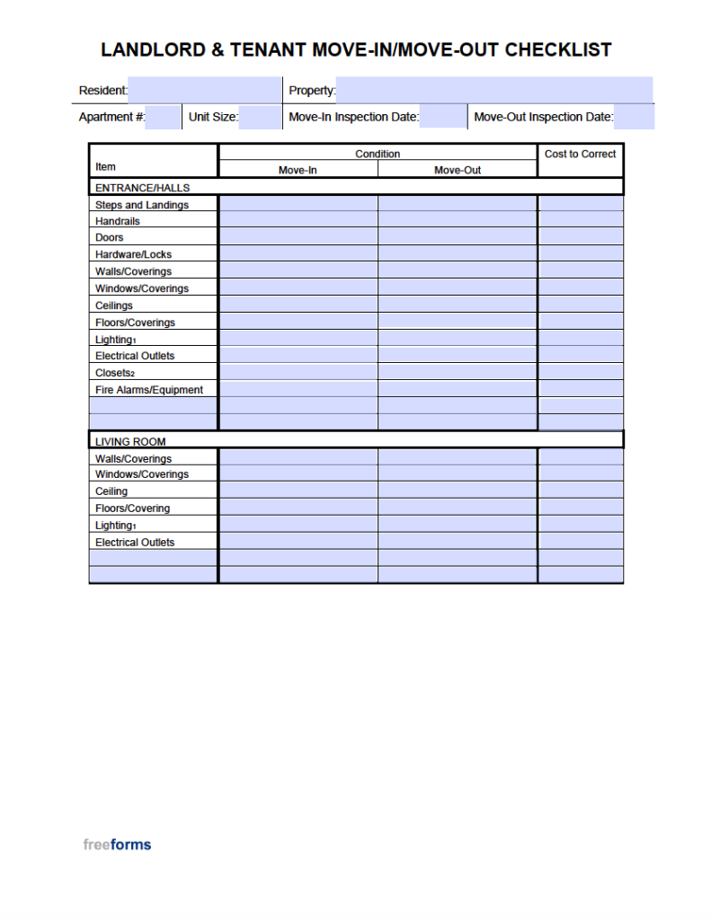 Free MoveIn / MoveOut Checklist For Landlord & Tenant PDF WORD