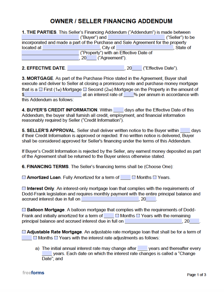 Free Owner (Seller) Financing Addendum | PDF | Word