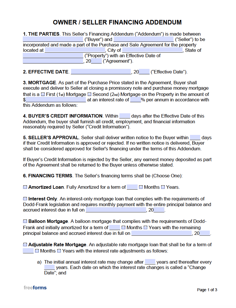 Free Owner (Seller) Financing Addendum  PDF  WORD For vendor take back agreement template