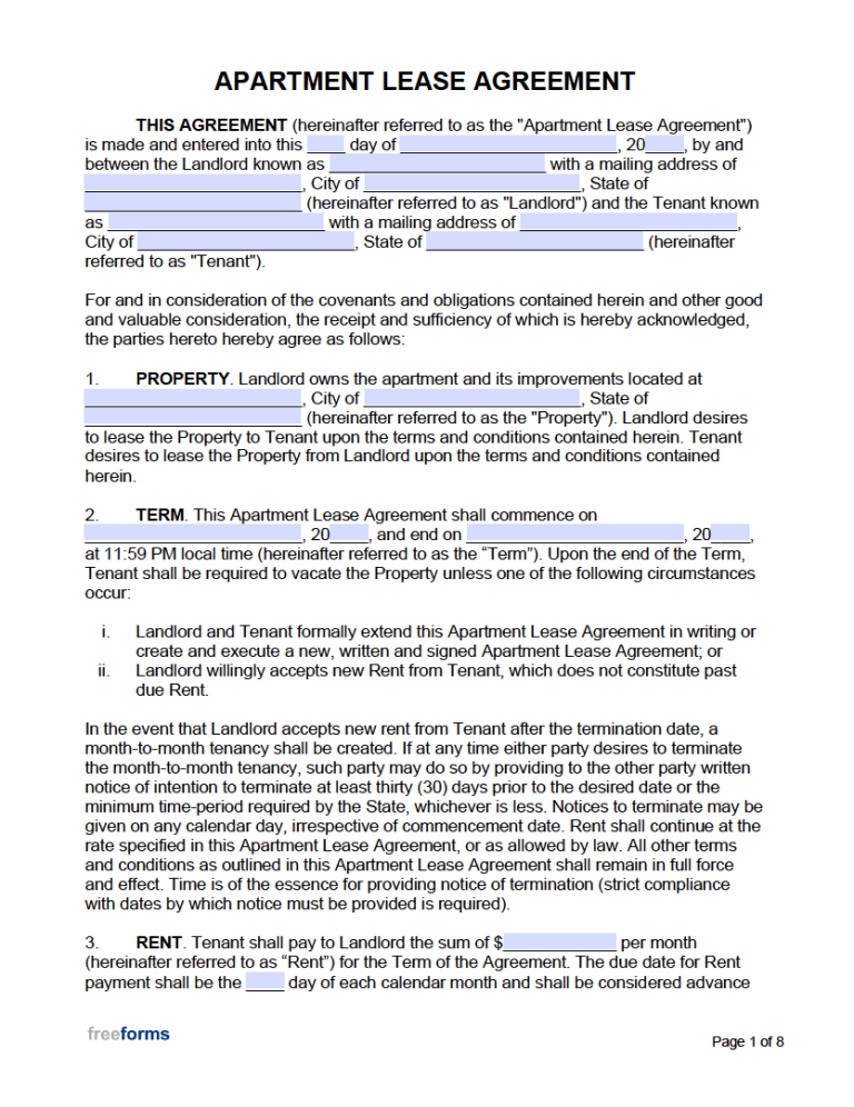 Free Apartment Lease Agreement Template PDF WORD