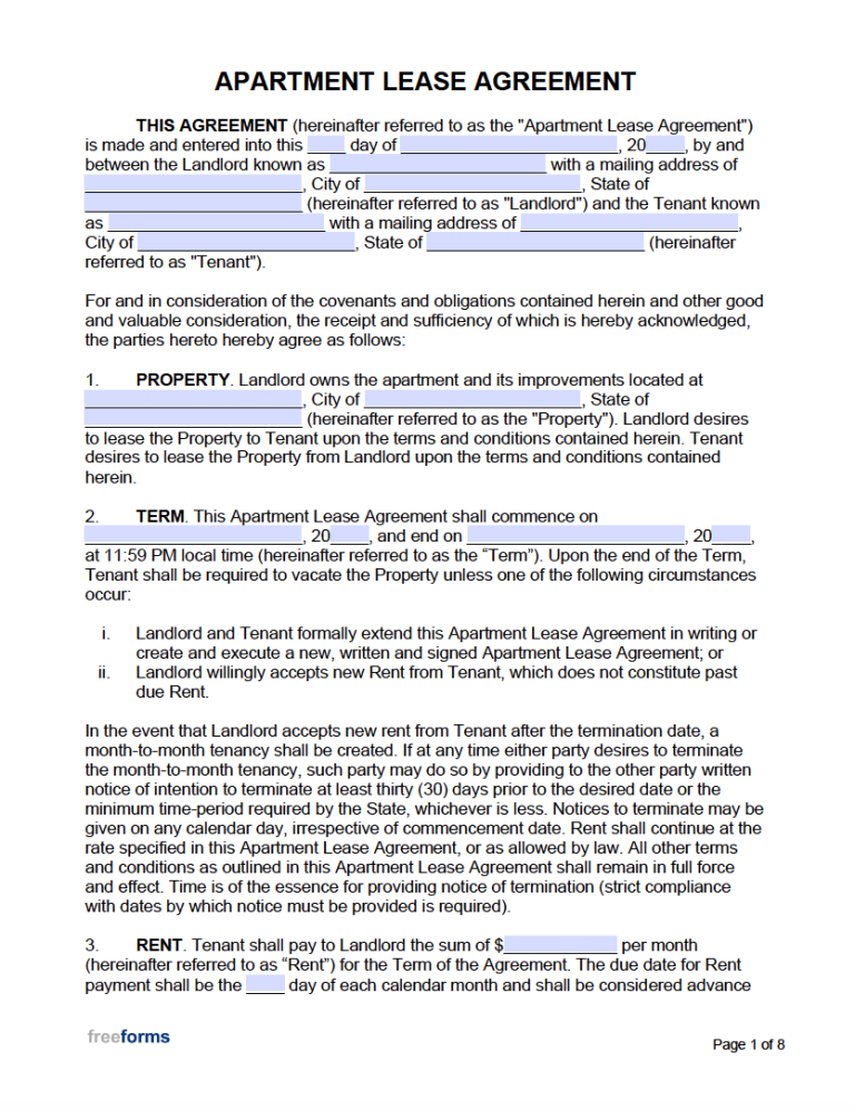 Free Printable Apartment Rental Agreement Printable Templates   Apartment Lease Agreement Template 768x996 