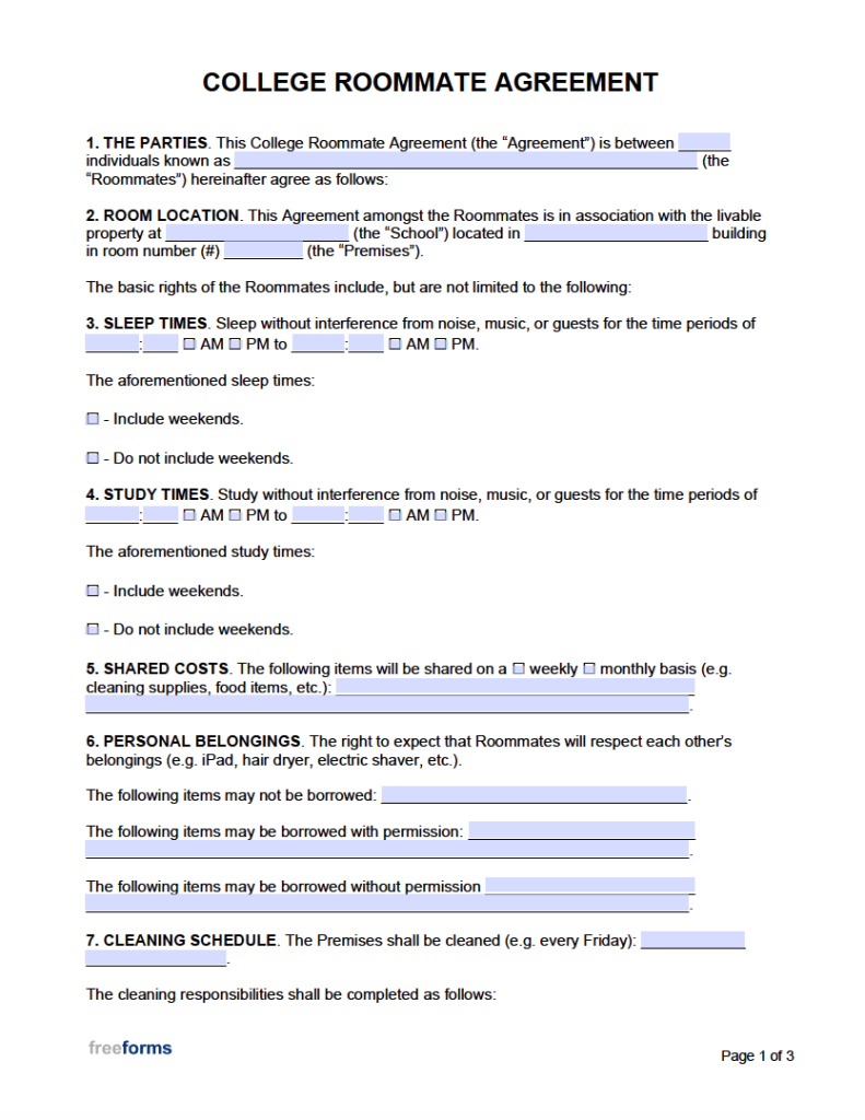 Free College Roommate Agreement Template PDF WORD