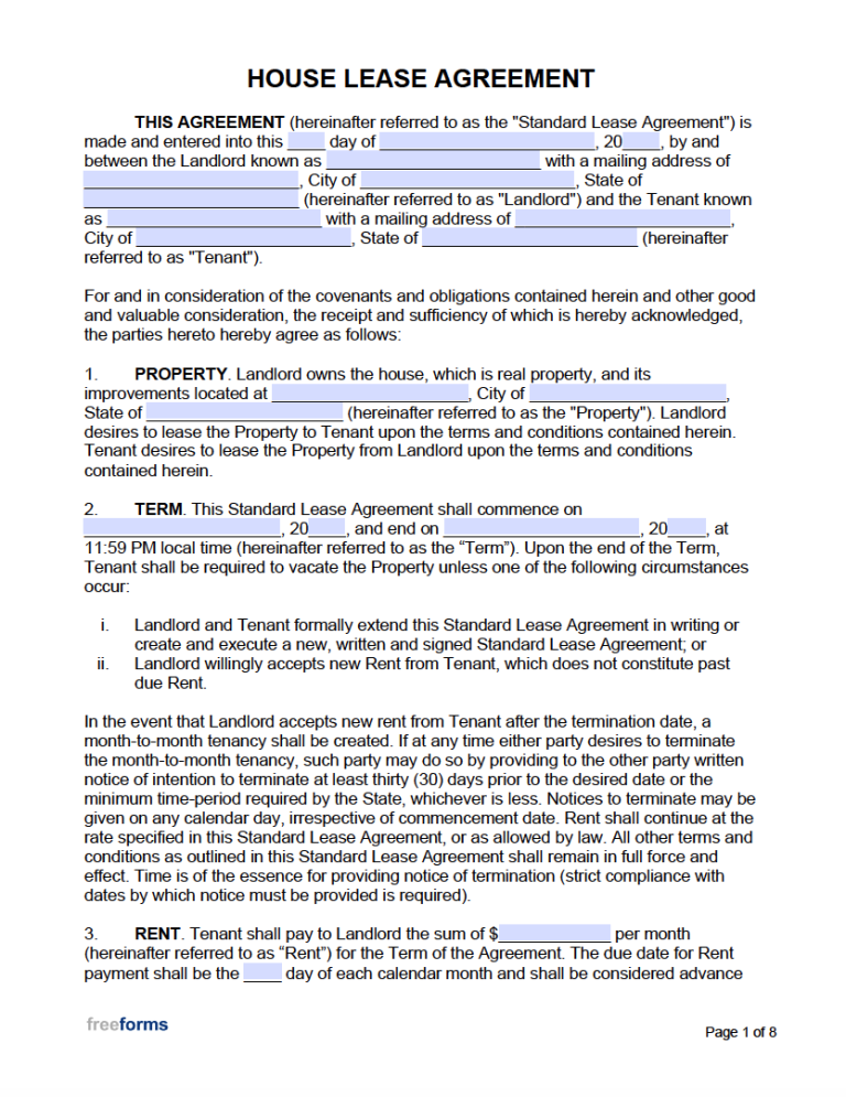 Free House Lease Agreement Template Pdf Word