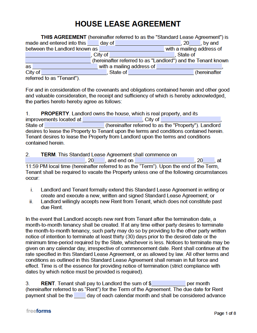 Free House Lease Agreement Template PDF WORD