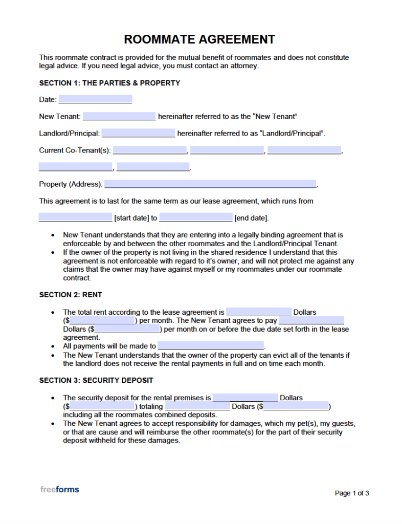 Free Roommate Room Rental Agreement Template PDF WORD