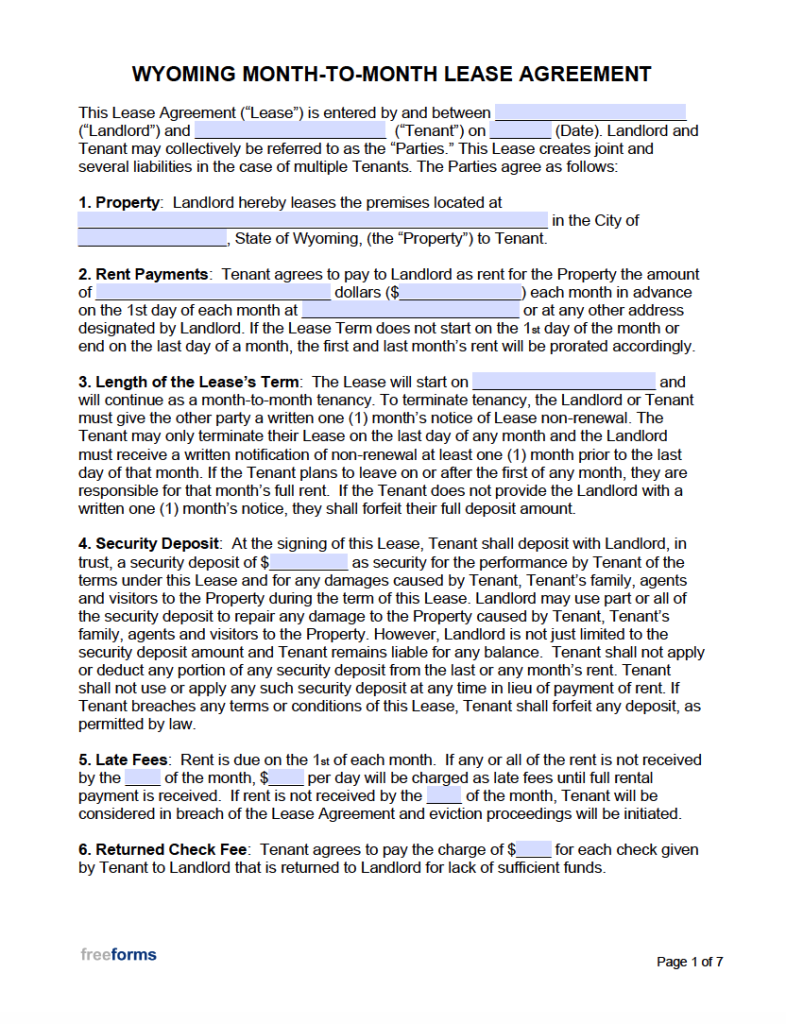 Free Wyoming Rental Lease Agreement Templates PDF