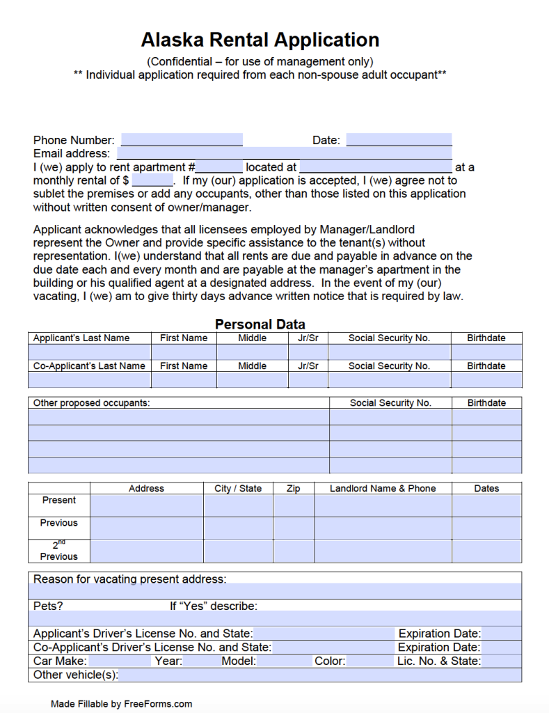 Free Alaska Residential Rental Application Form PDF