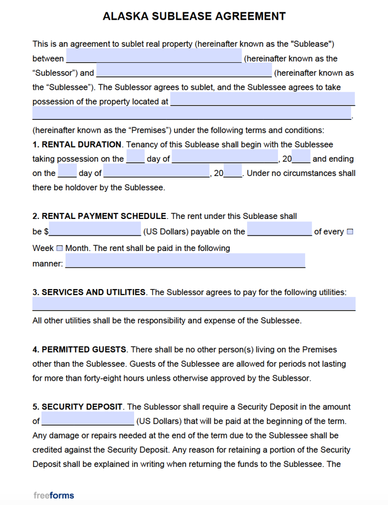 Free Alaska Rental Lease Agreement Templates PDF WORD   Alaska Sublease Agreement 787x1024 