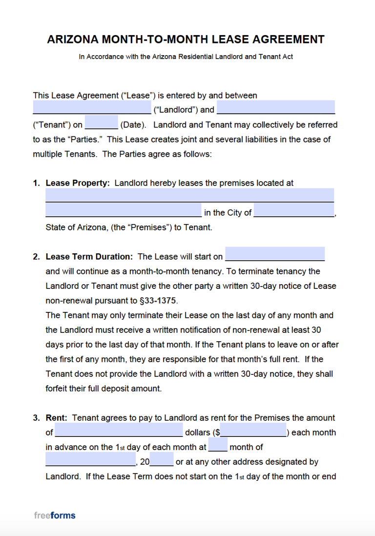 Free Arizona Rental Lease Agreement Templates PDF WORD