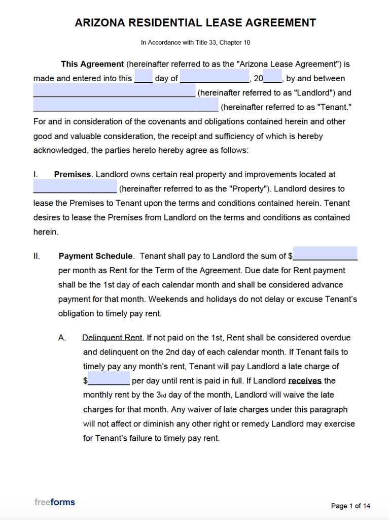 Free Arizona Rental Lease Agreement Templates PDF WORD
