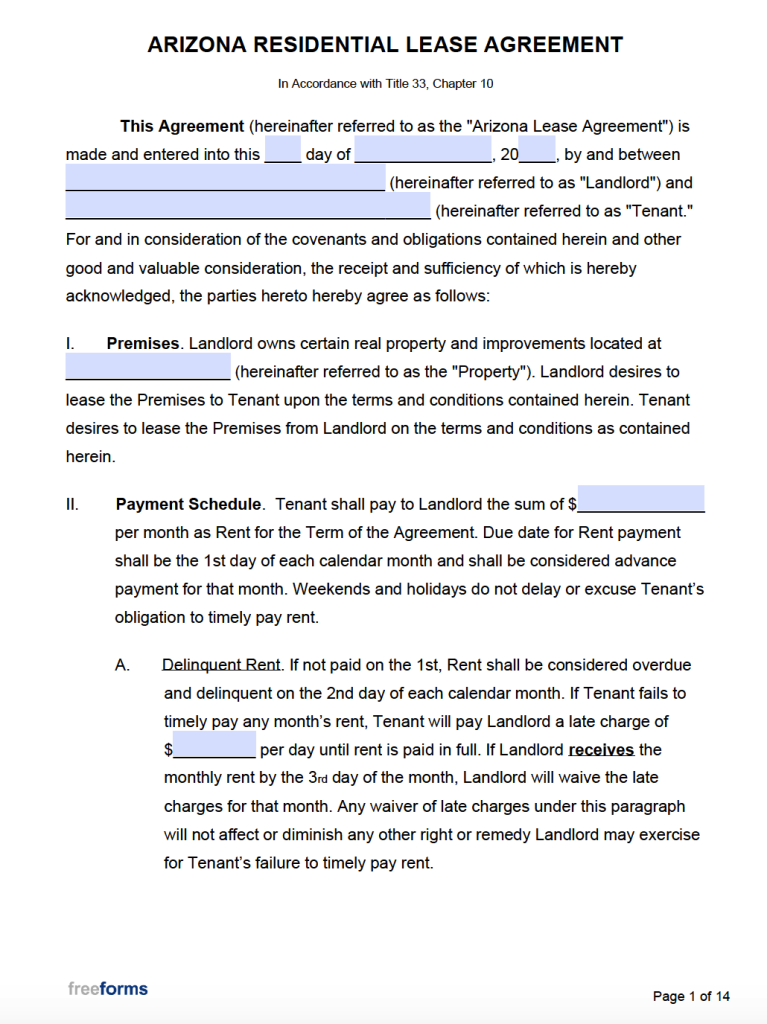 Free Arizona Rental Lease Agreement Templates Pdf Word