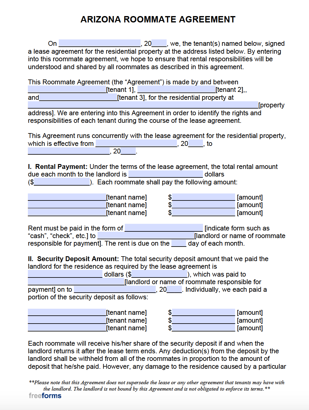 Free Arizona Roommate Agreement Template  PDF  WORD Within free roommate lease agreement template