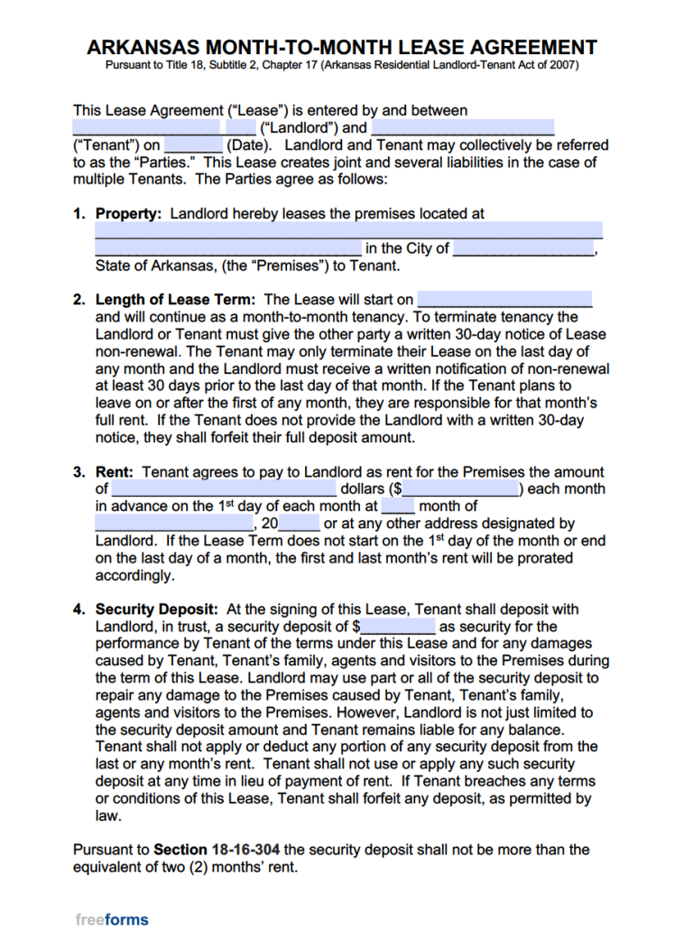 Free Arkansas Rental Lease Agreement Templates PDF WORD