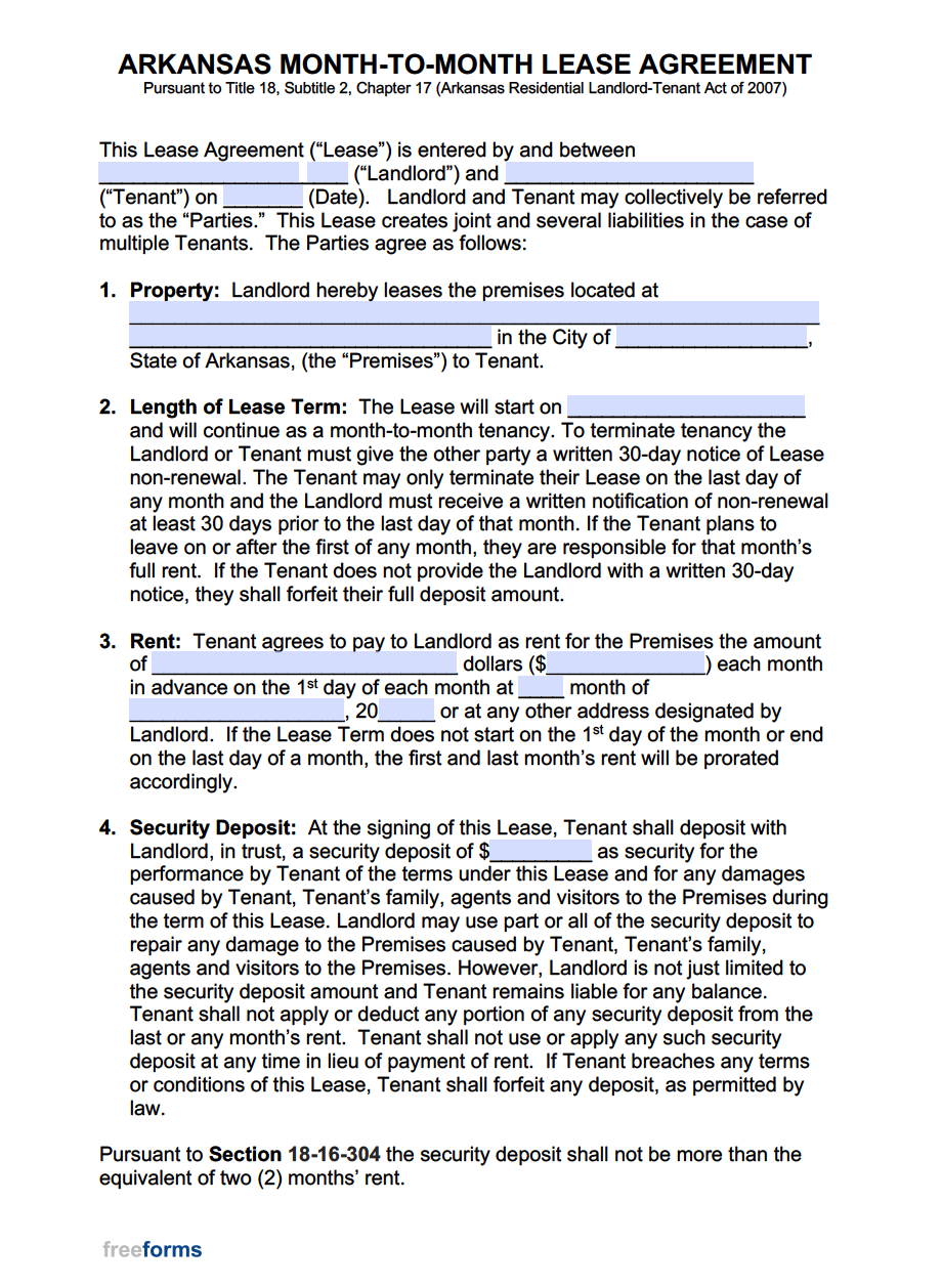 free arkansas month to month lease agreement pdf word