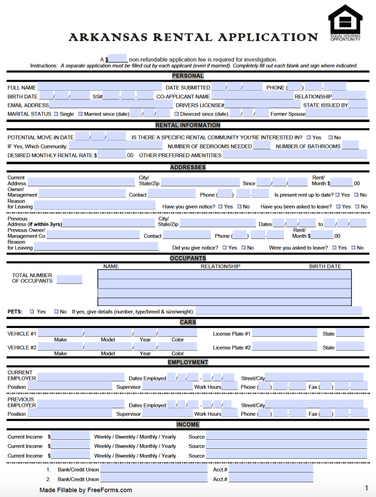 Free Arkansas Residential Rental Application Form | PDF