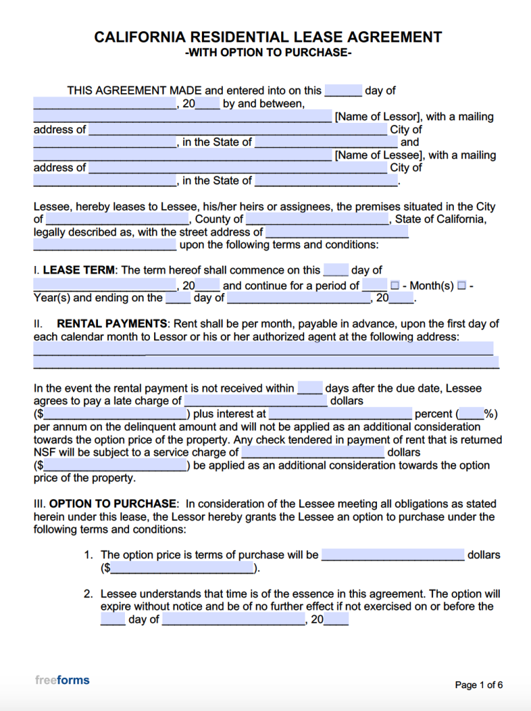 Printable California Residential Lease Agreement Fillable