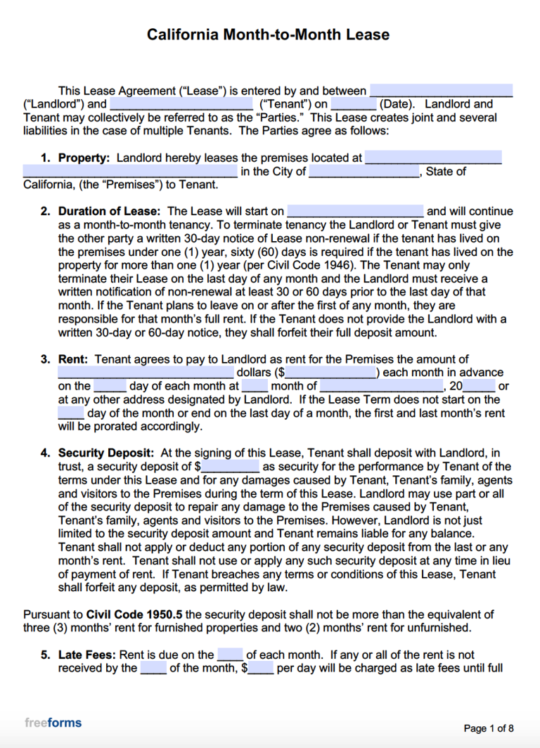 Free California Month to Month Lease Agreement PDF WORD