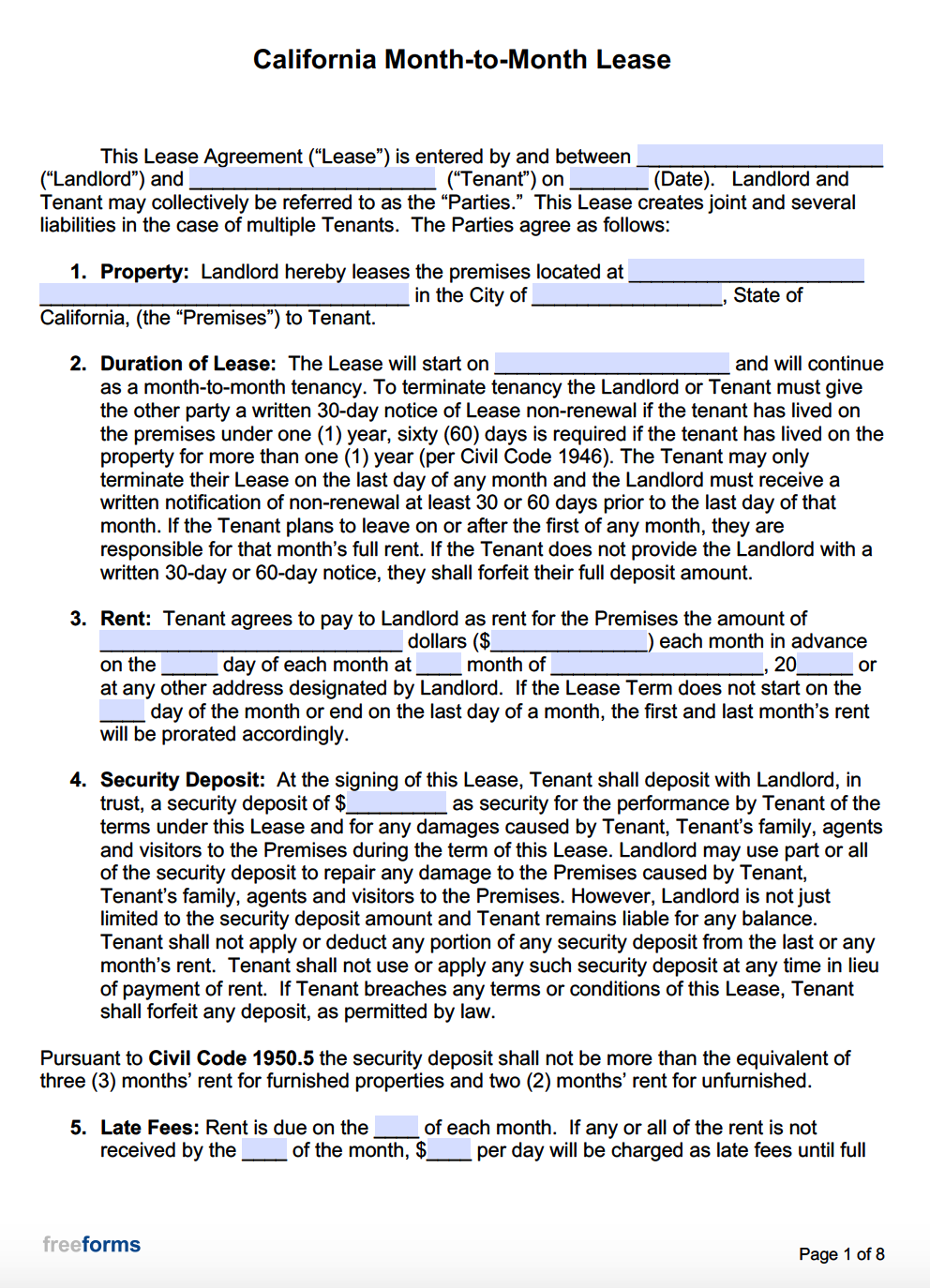 Free California Month to Month Lease Agreement PDF WORD