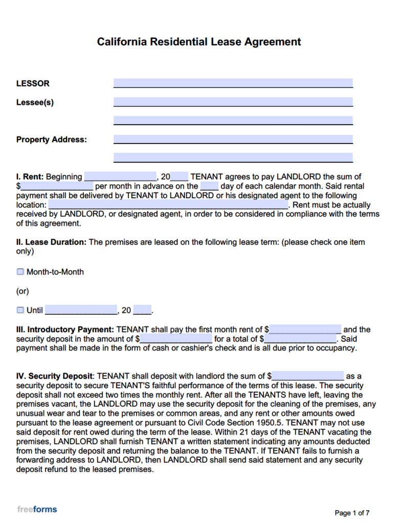 Free California Rental Lease Agreement Templates PDF WORD