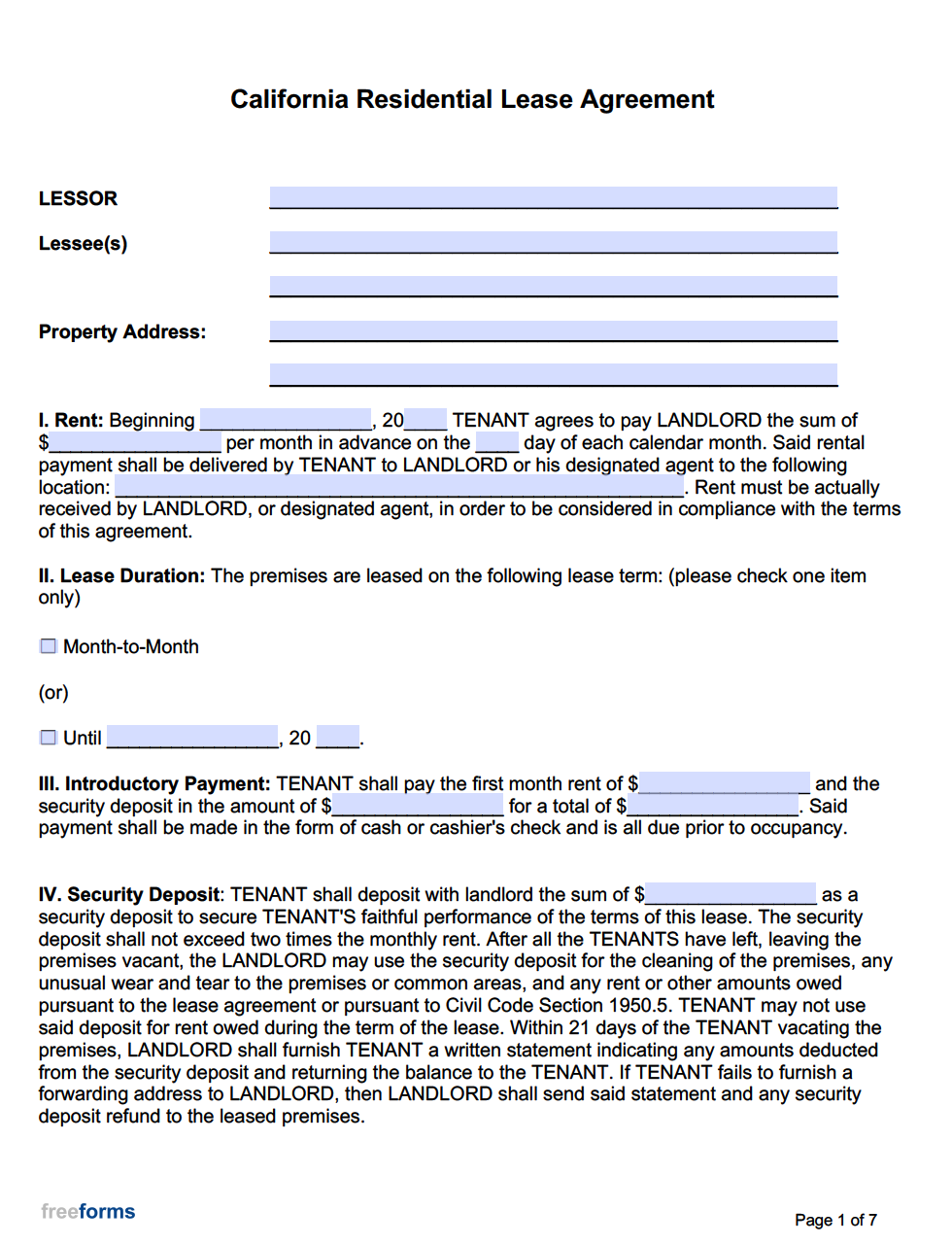 Blank California Residential Lease Agreement Printable