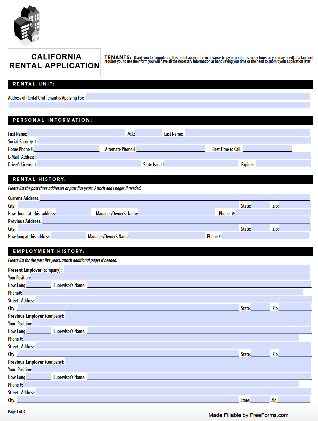 Free California Residential Rental Application Form Pdf