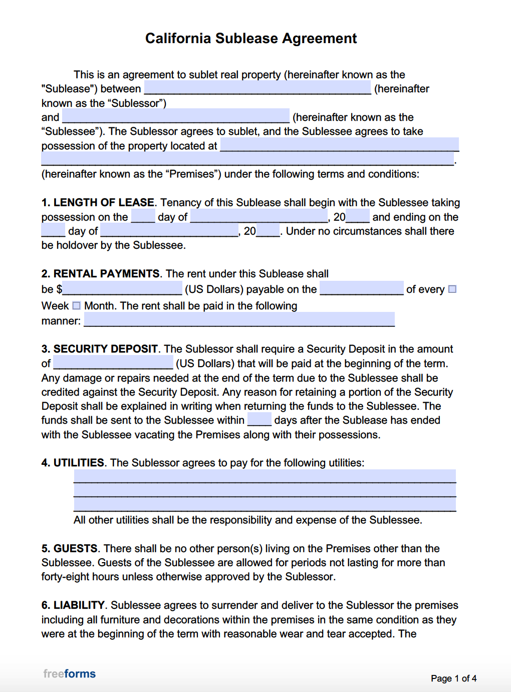 Free California Sublease Agreement Template PDF WORD