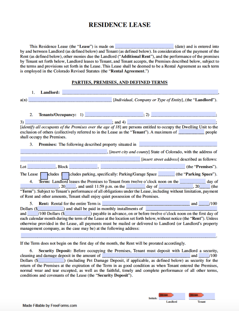 Free Colorado Rental Lease Agreement Templates PDF