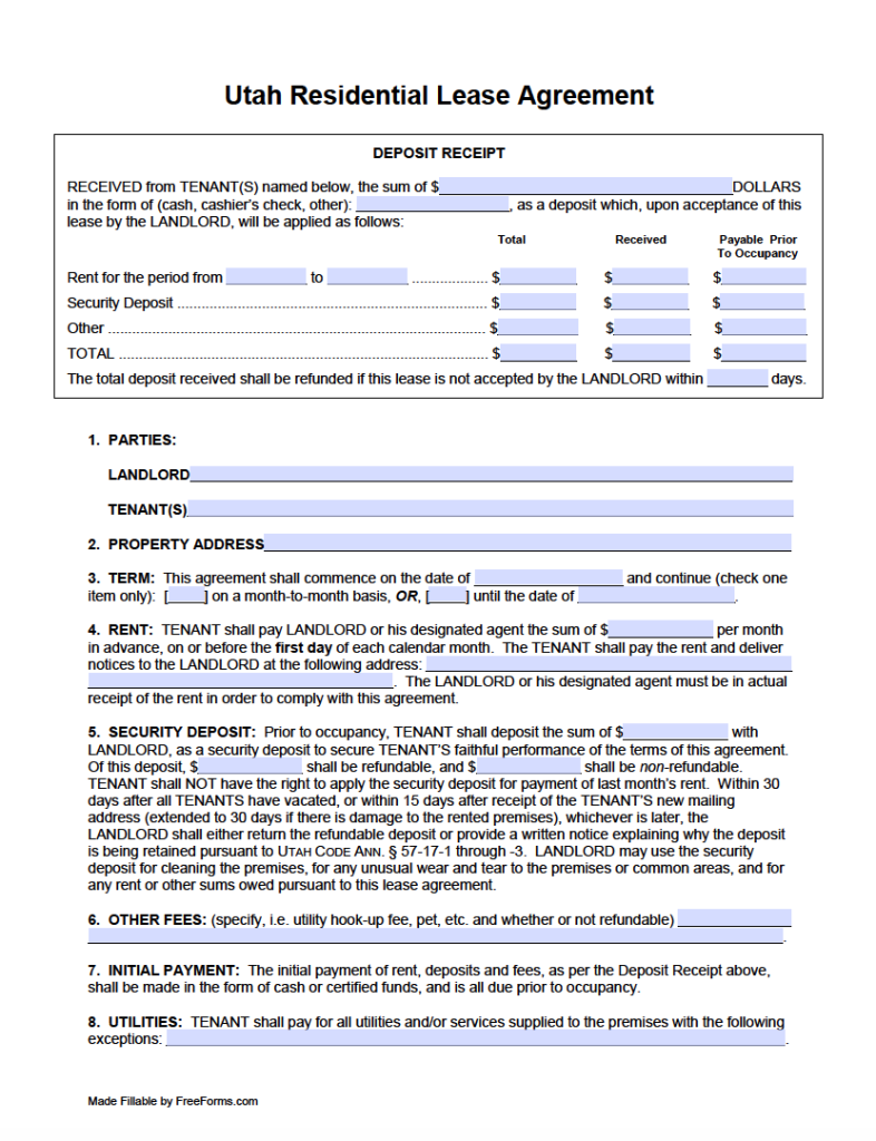 Free Utah Rental Lease Agreement Templates PDF