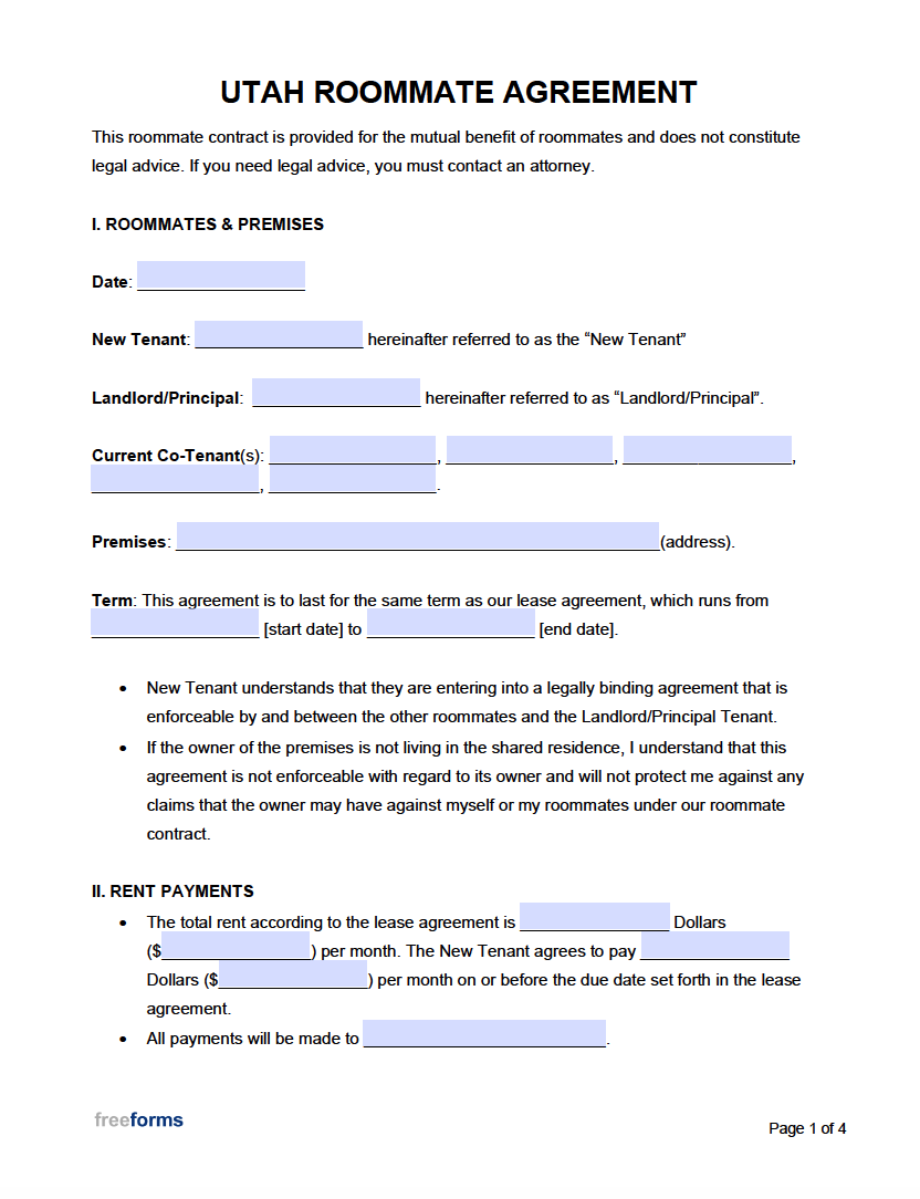 Free Utah Roommate Agreement Form PDF WORD