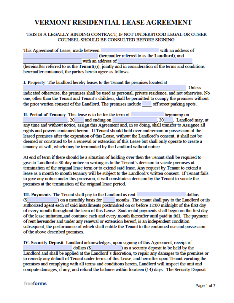 Free Vermont Rental Lease Agreement Templates | PDF | WORD