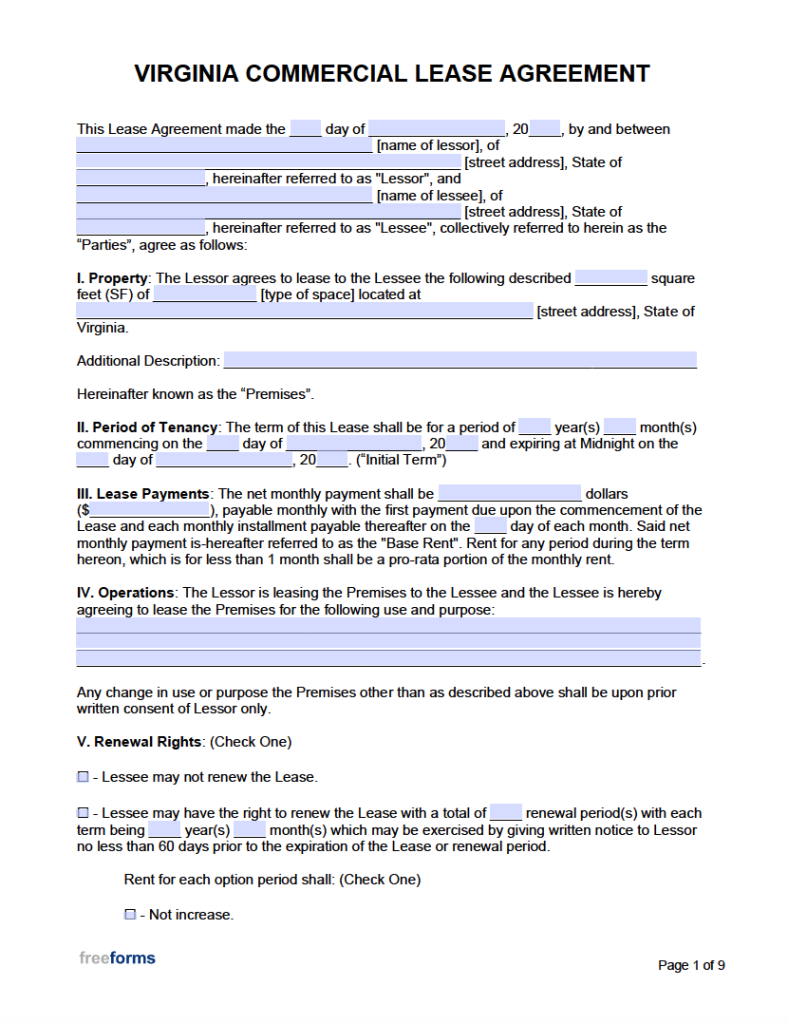 Free Virginia Commercial Lease Agreement Form | PDF | WORD