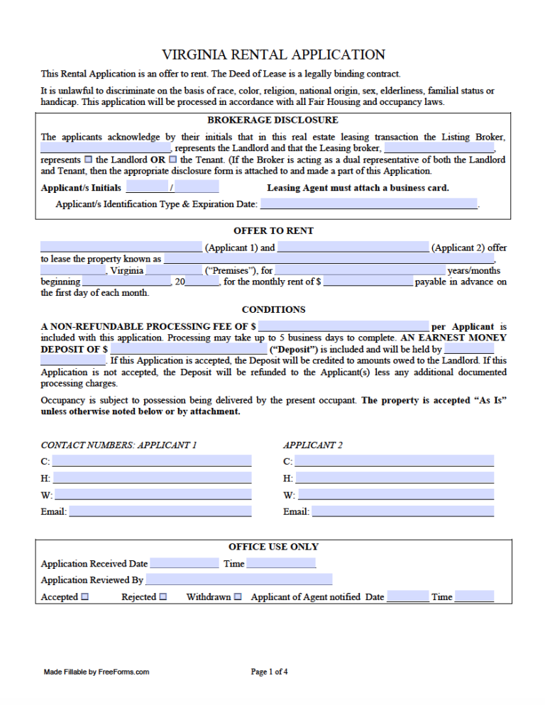 Free Virginia Rental Application Form PDF