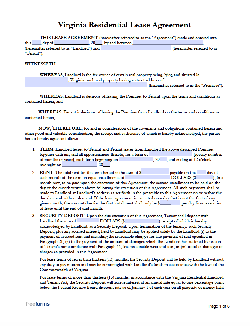 Free Virginia Rental Lease Agreement Templates PDF WORD
