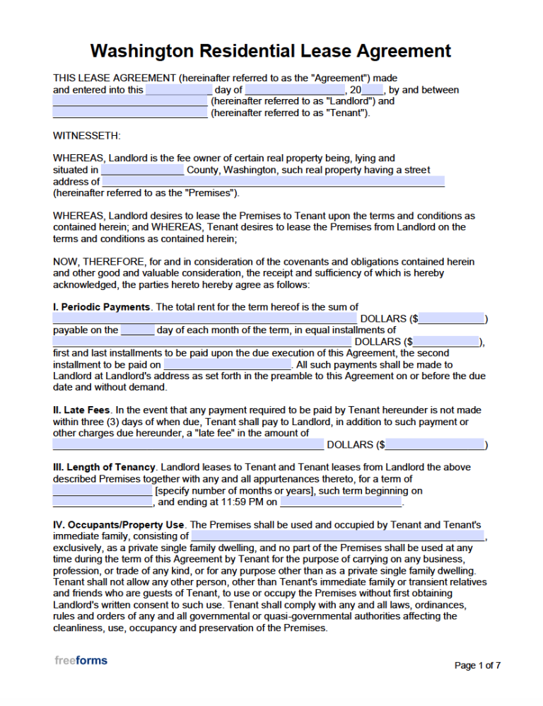 Free Washington Rental Lease Agreement Templates PDF WORD