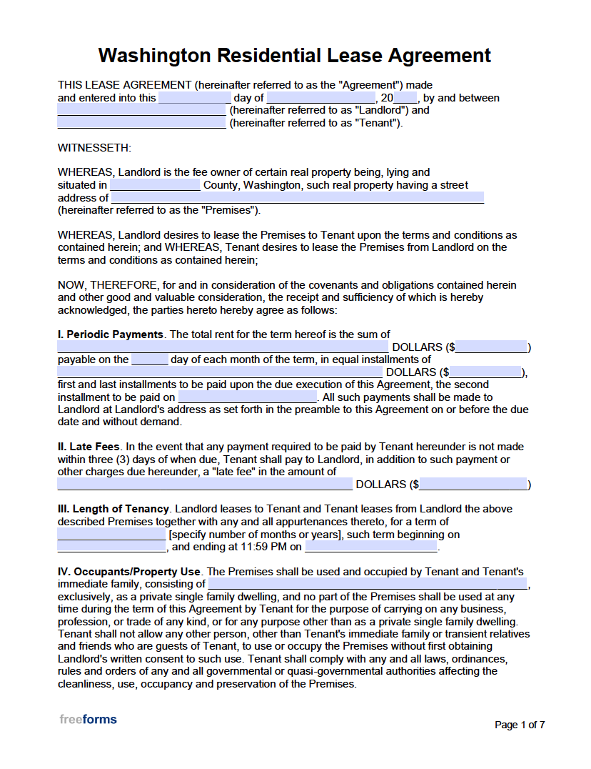 Month To Month Lease Agreement Washington State Printable Form