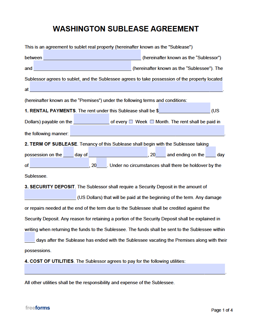 free washington sublease agreement form pdf word