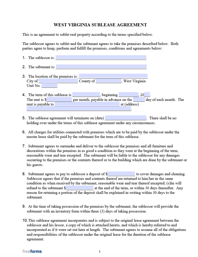 Free West Virginia Rental Lease Agreement Templates PDF