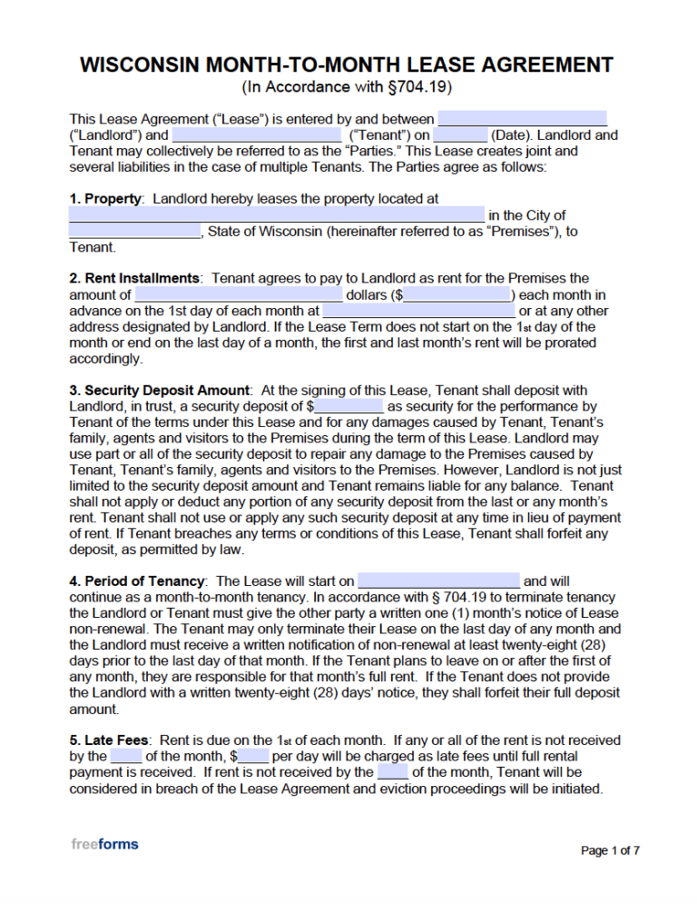 Free Wisconsin Month to Month Lease Agreement Form PDF WORD