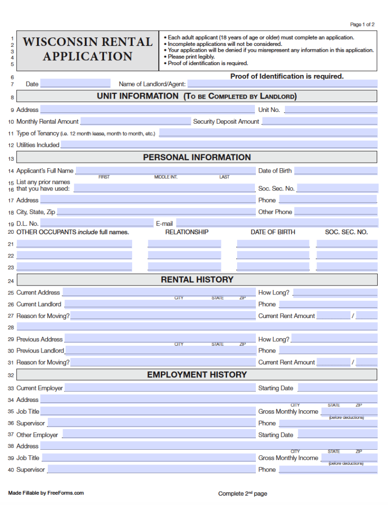 Rental Application Form Wisconsin