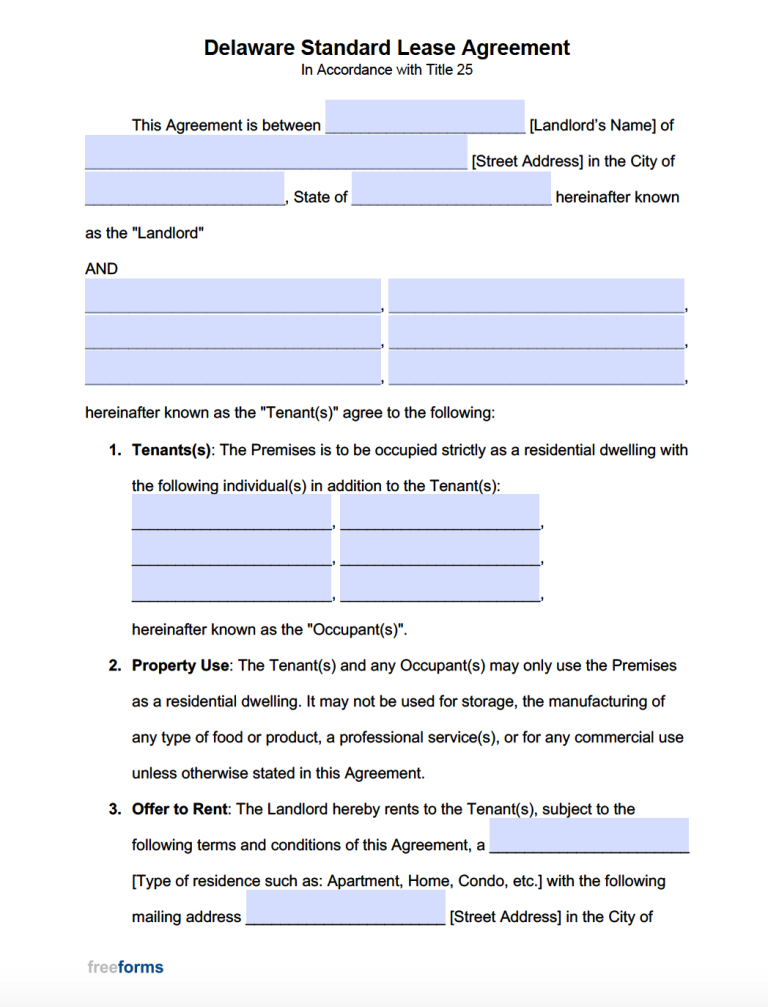 Free Delaware Rental Lease Agreement Templates PDF WORD
