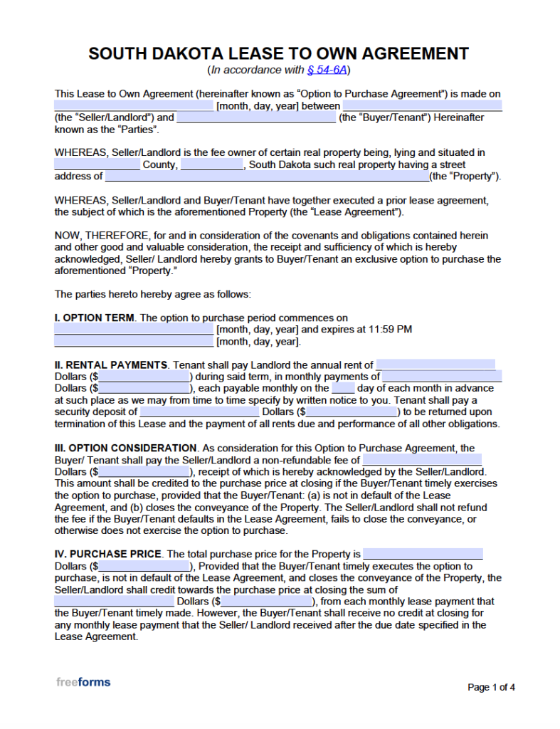 Free South Dakota Lease to Own Agreement Template PDF WORD