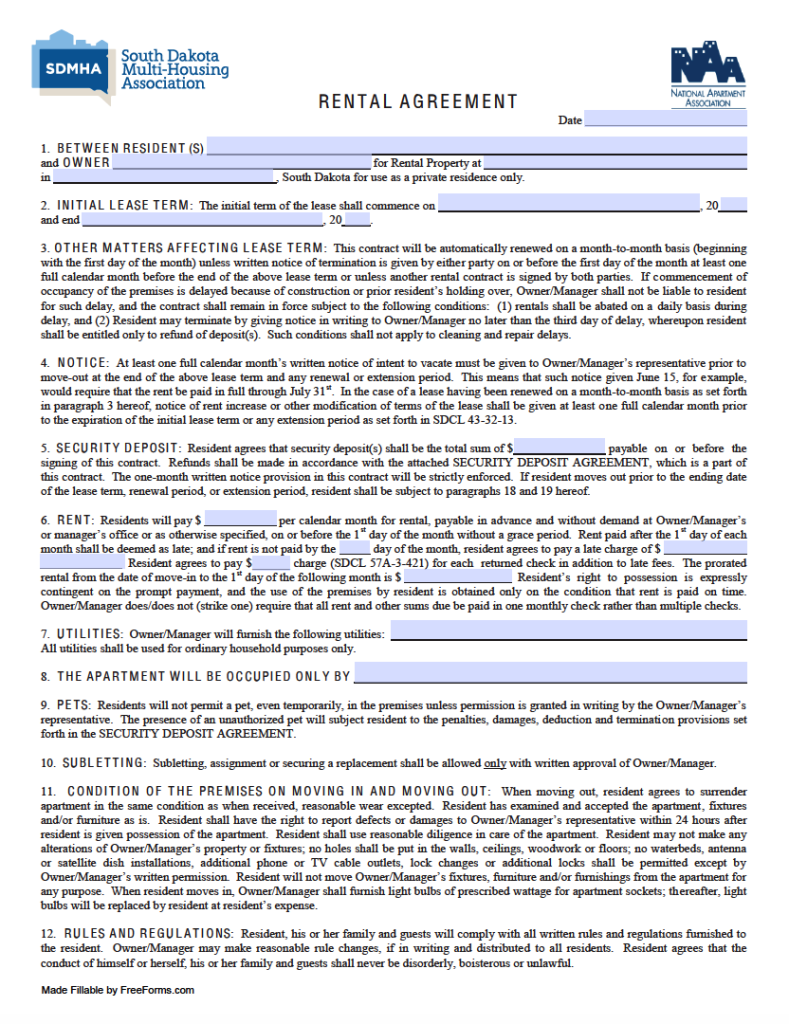 Free South Dakota Rental Lease Agreement Templates PDF