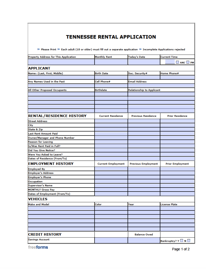 Free Tennessee Rental Application Form PDF WORD