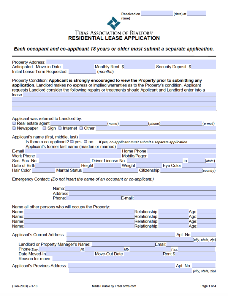 free texas rental application form pdf