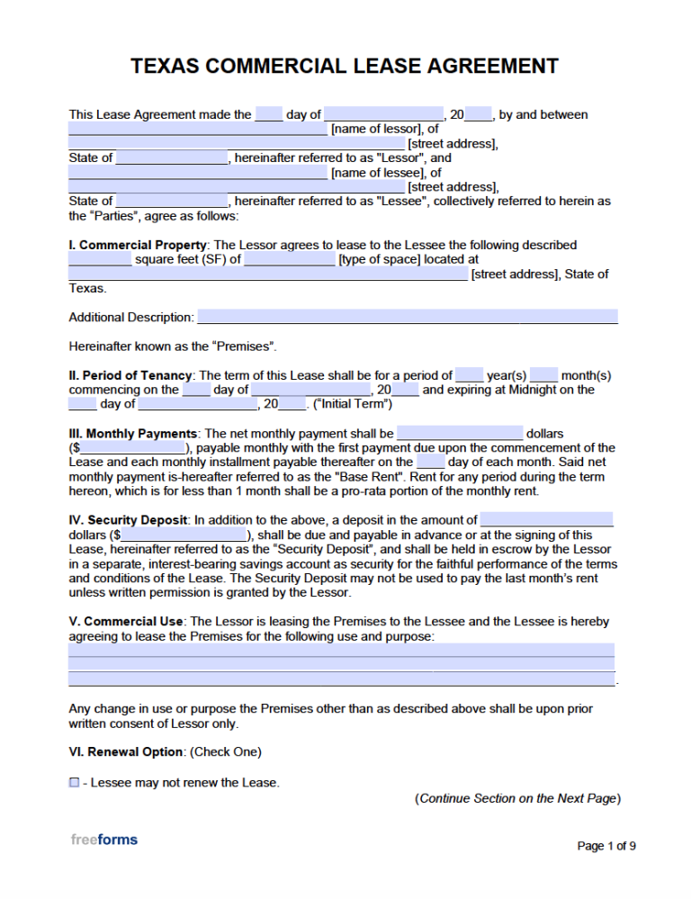Free Texas Commercial Lease Agreement Form PDF WORD
