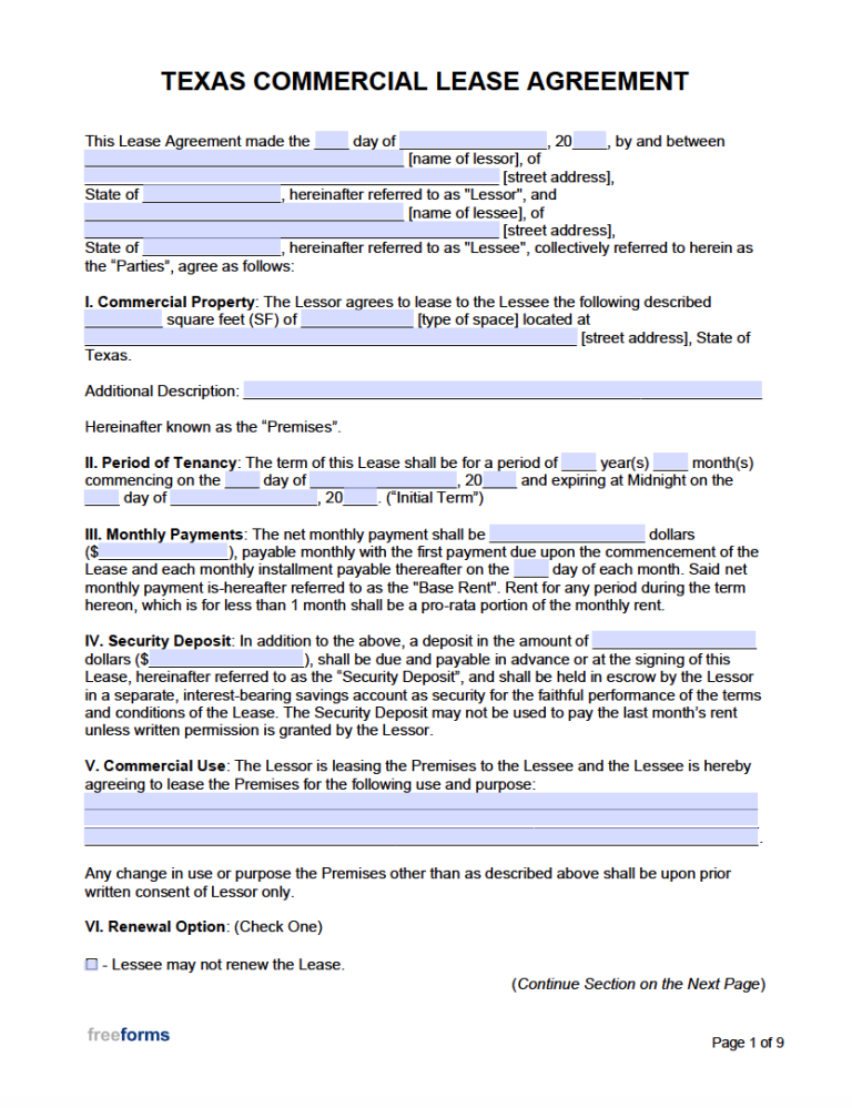 Free Printable Simple Commercial Lease Agreement