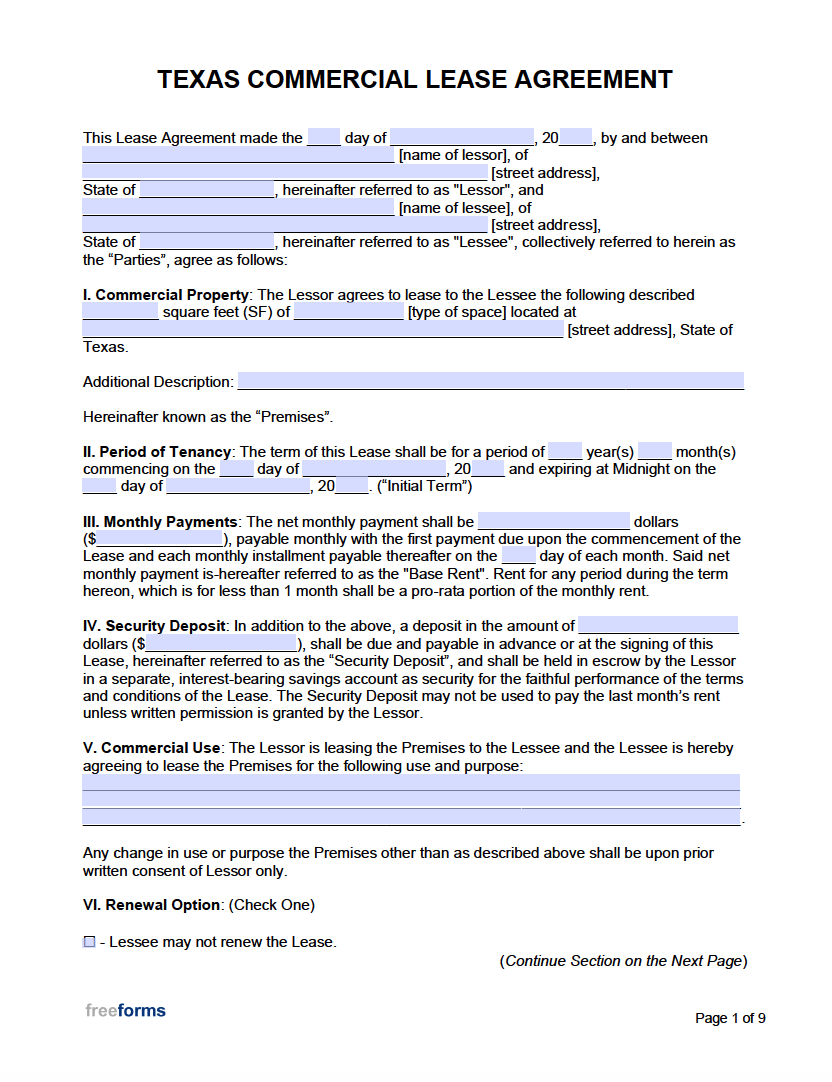 Free Texas Commercial Lease Agreement Form PDF WORD